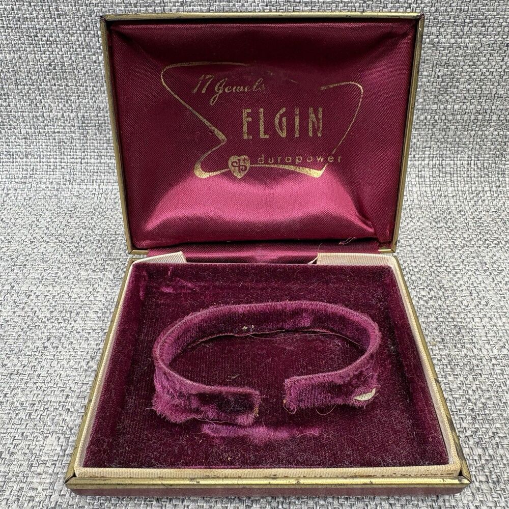 Elgin 17 Jewel Durapower Watch Box Vintage Antique Burgundy Velvet Lined